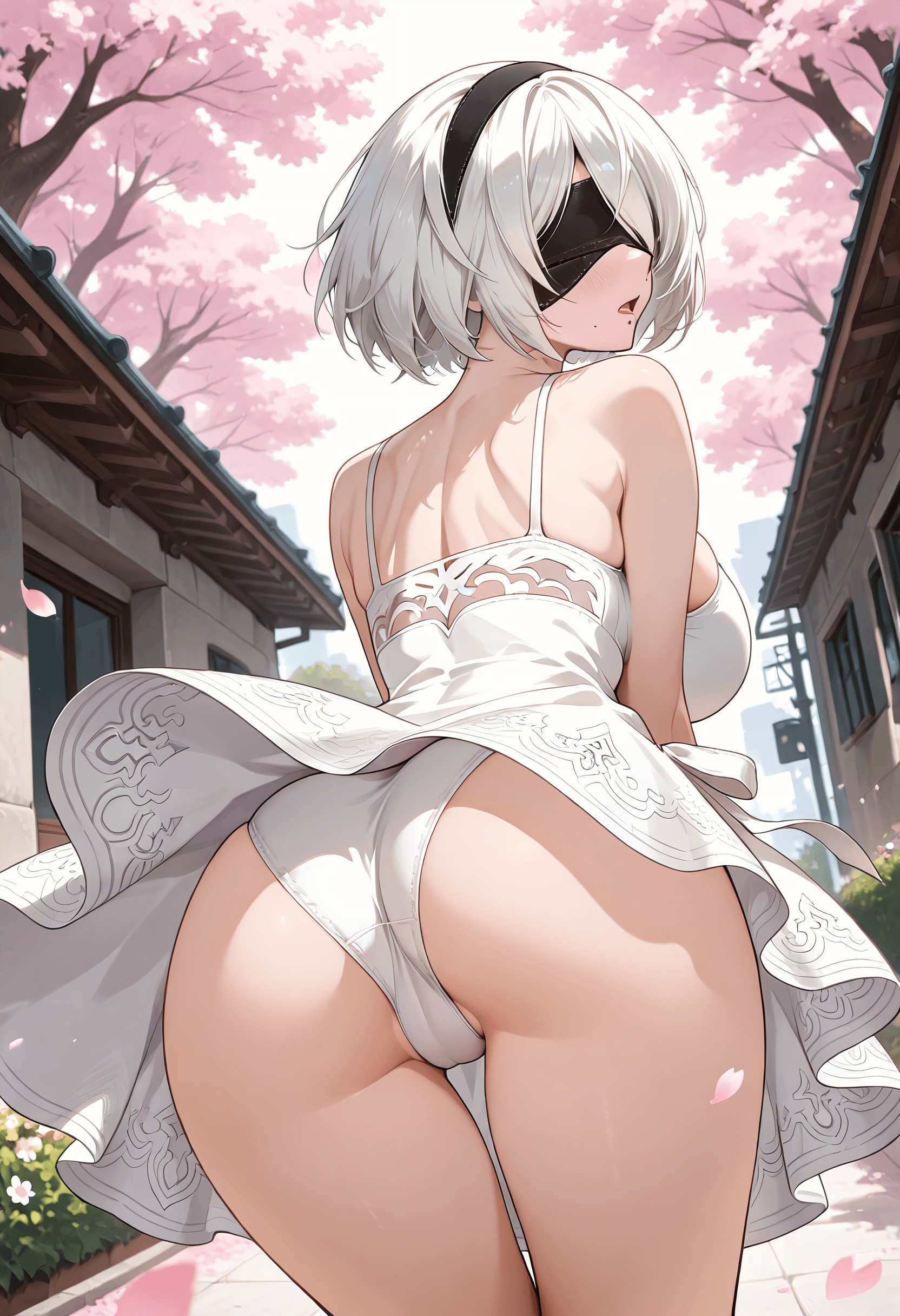 2B from NieR, wearing a summer dress casual outfit, bent over with surprised, set in sakura. Mid shot, From behind, Ass focus.