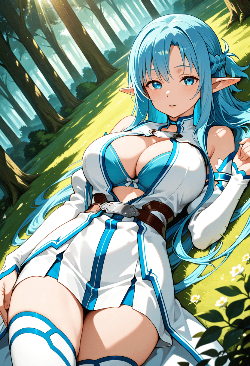 Asuna Yuuki (ALO) from Sword Art Online, wearing her canonical outfit, lying down with seductive. Mid shot, Dutch angle, Breast focus.