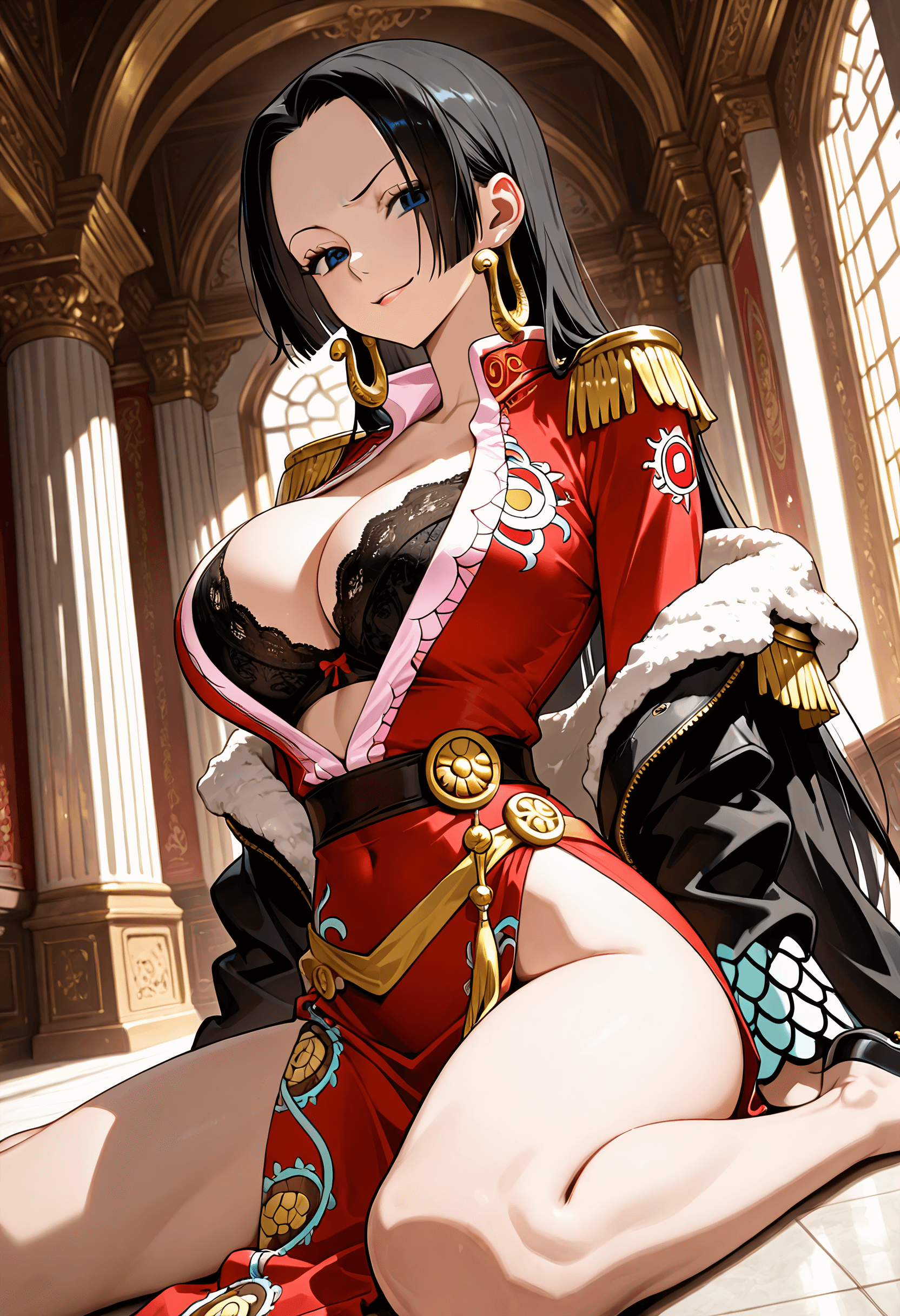 Boa Hancock from One Piece, wearing her canonical outfit, floor sit with confident. Mid shot, Dutch angle, Breast focus.