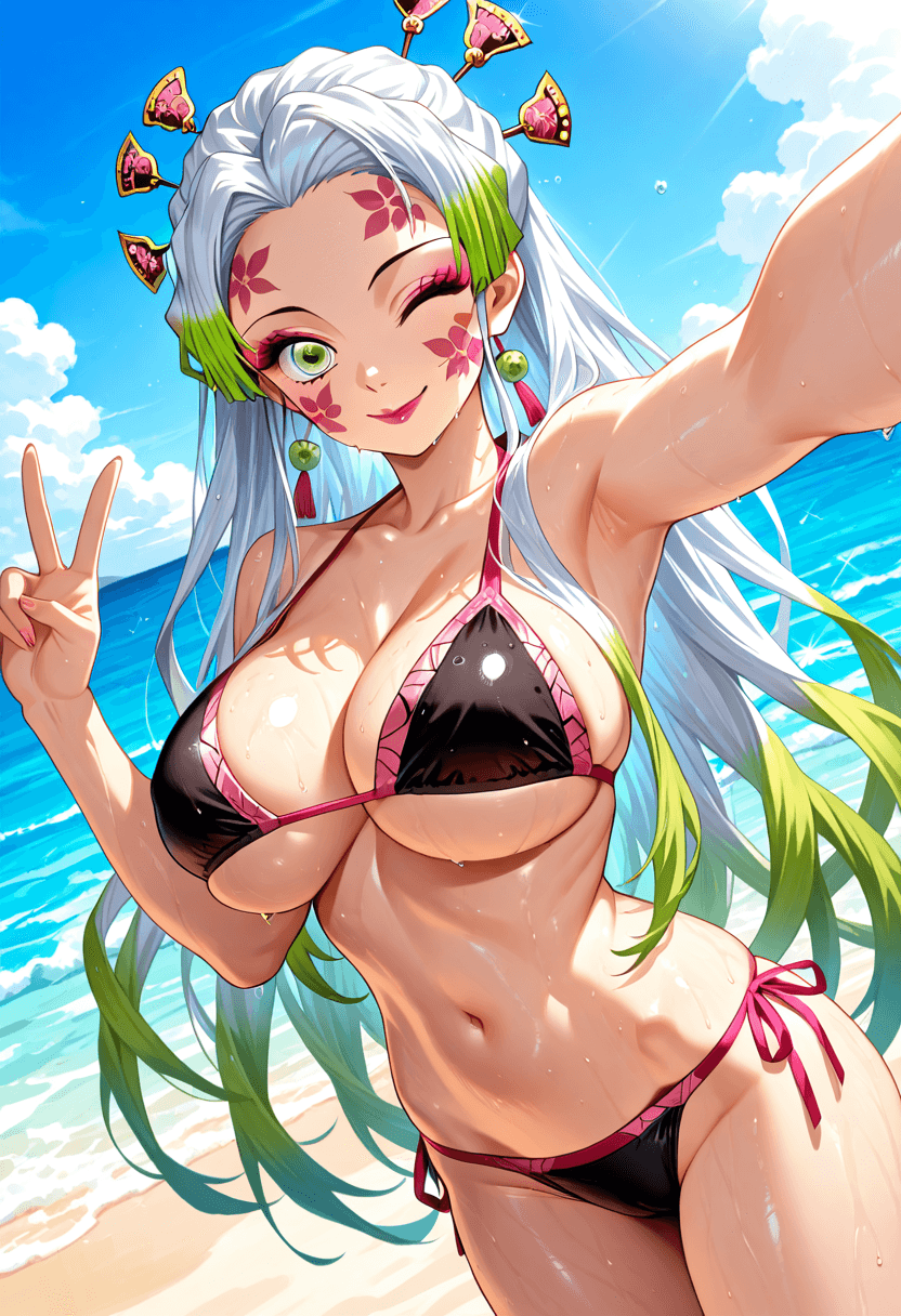 Daki from Demon Slayer, wearing a string bikini swimwear outfit, selfie with playful. Dutch angle, Breast focus.