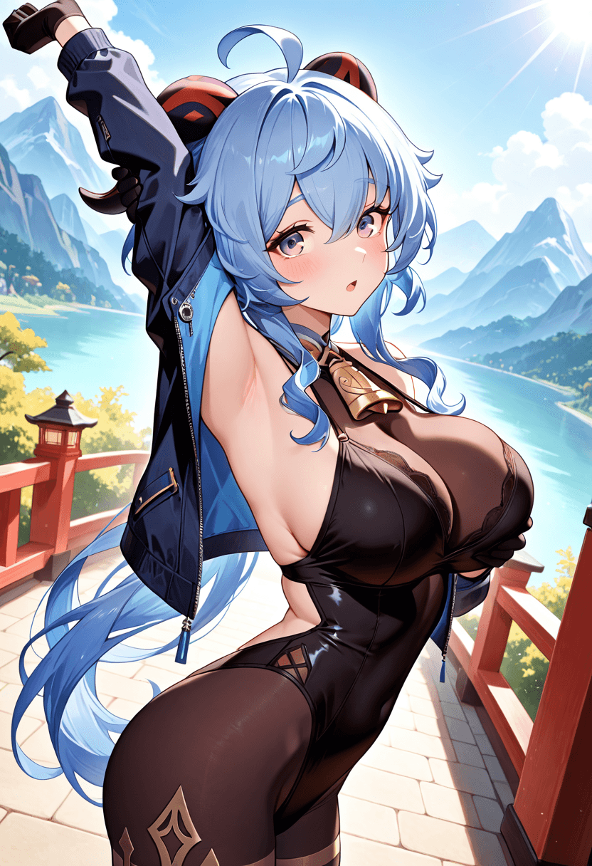 Ganyu from Genshin Impact, wearing her canonical outfit, stretching with surprised. Dutch angle, Breast focus.