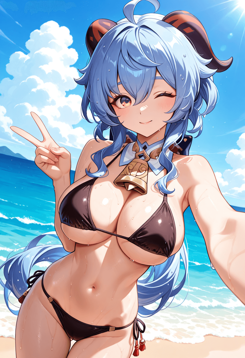 Ganyu from Genshin Impact, wearing a string bikini swimwear outfit, selfie with playful. Dutch angle, Breast focus.