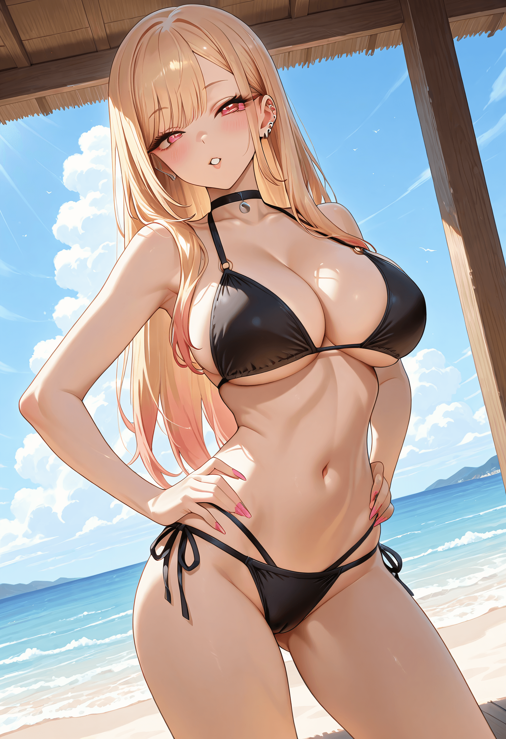 Marin Kitagawa from My Dress-Up Darling, wearing a string bikini swimwear outfit, standing with seductive. Dutch angle, Ass focus.