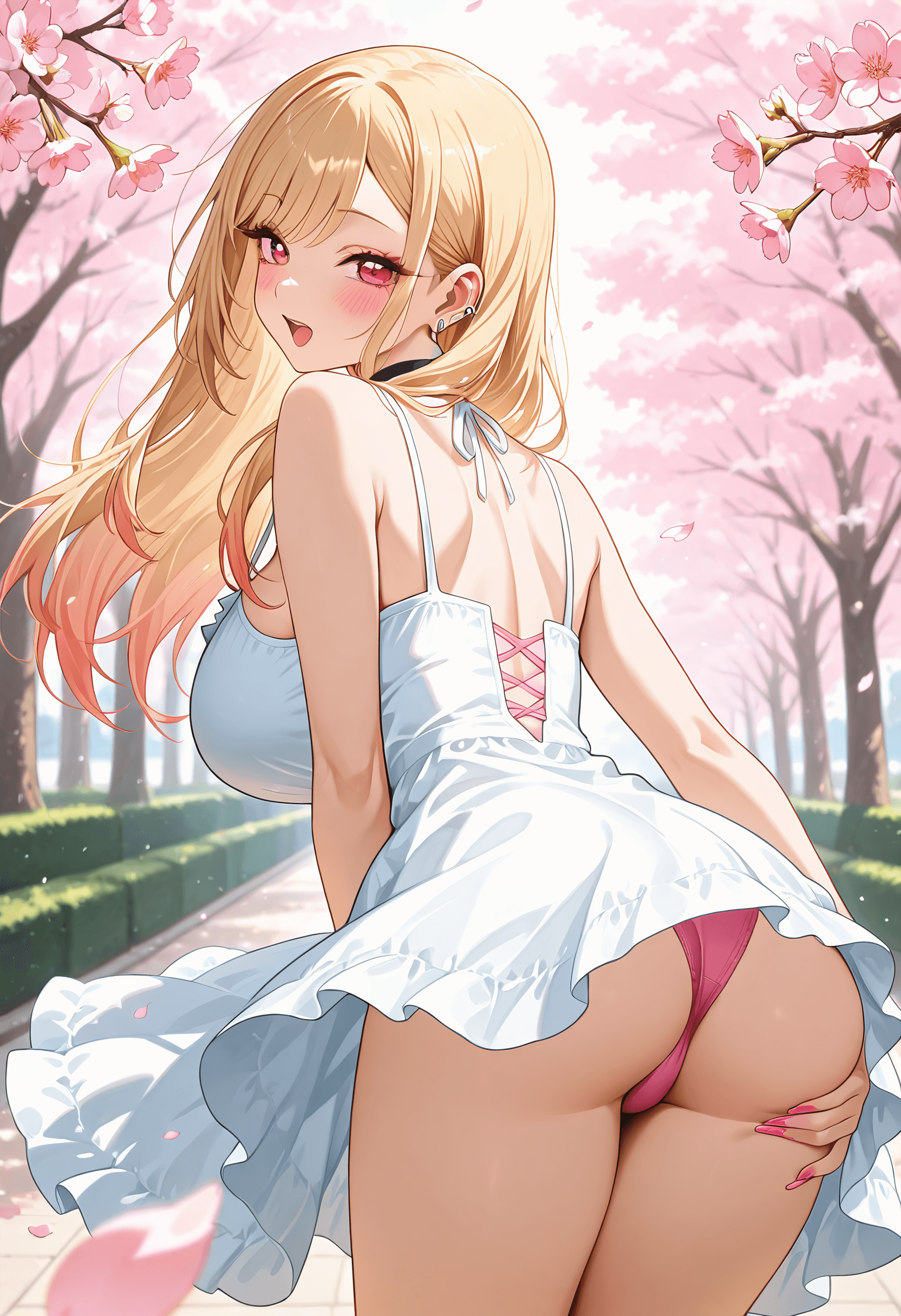 Marin Kitagawa from My Dress-Up Darling, wearing a summer dress casual outfit, bent over with surprised, set in sakura. Mid shot, From behind, Ass focus.