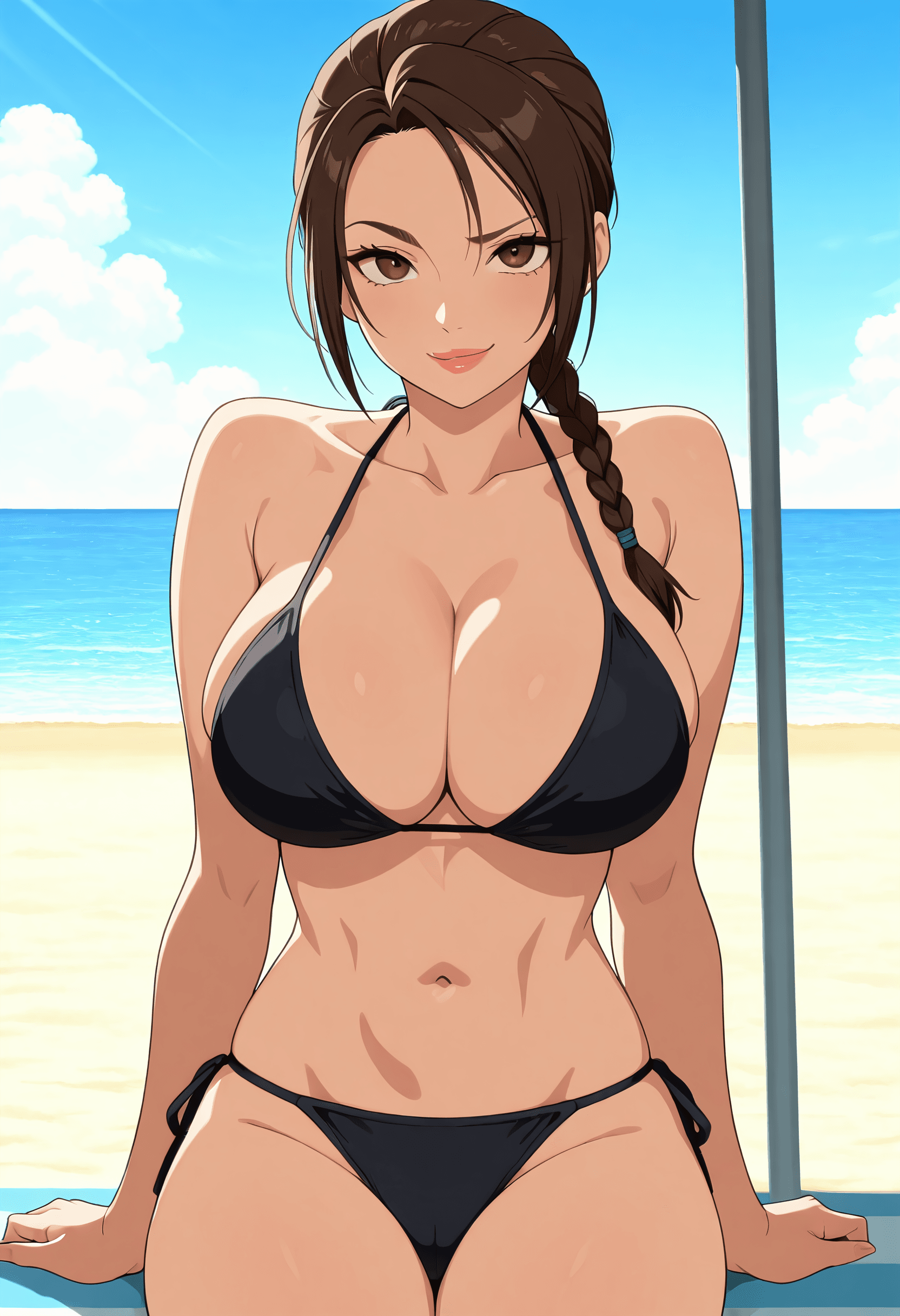 Lara Croft from Tomb Raider, wearing a string bikini swimwear outfit, sitting with confident. Breast focus.