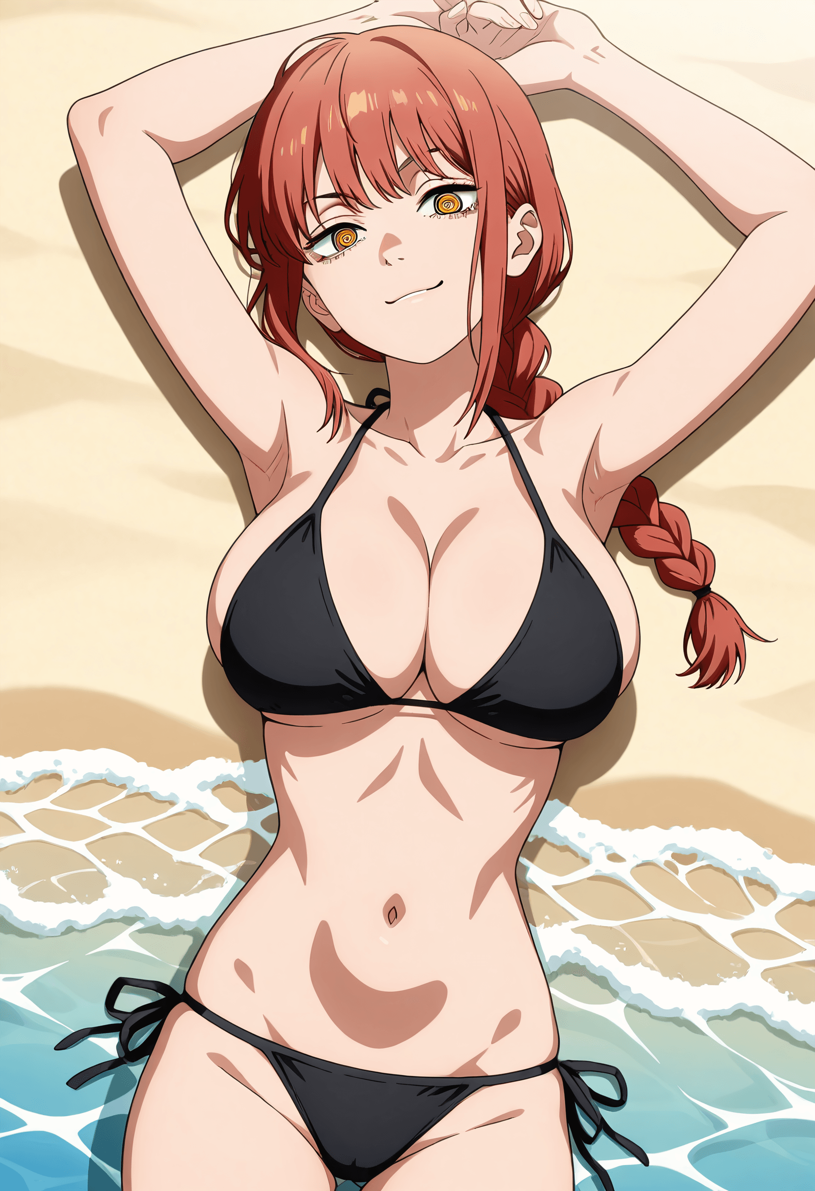 Makima from Chainsaw Man, wearing a string bikini swimwear outfit, lying down with confident. Breast focus.