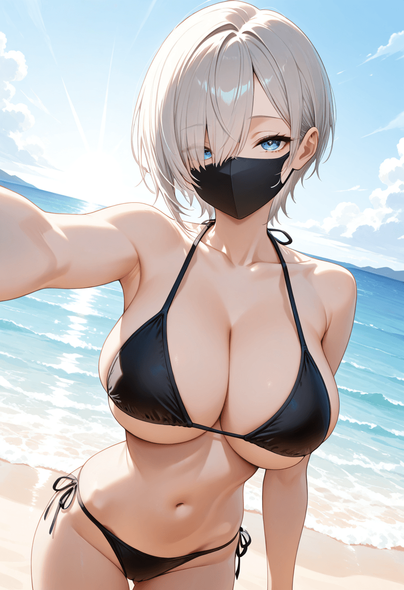 Reiko Yanagi from My Hero Academia, wearing a string bikini swimwear outfit, selfie with seductive. Mid shot, Dutch angle, Breast focus.