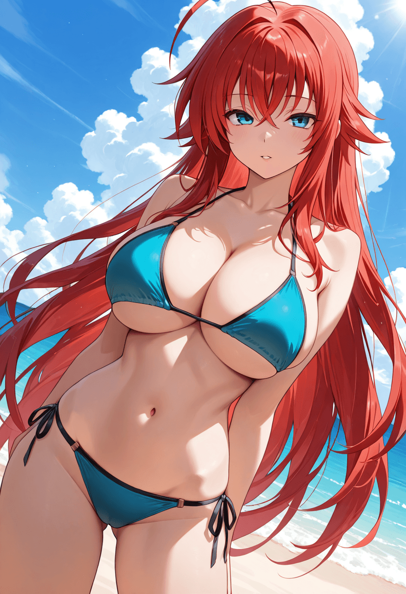 Rias Gremory from High School DxD, wearing a string bikini swimwear outfit, standing with seductive. Mid shot, Dutch angle, Breast focus.
