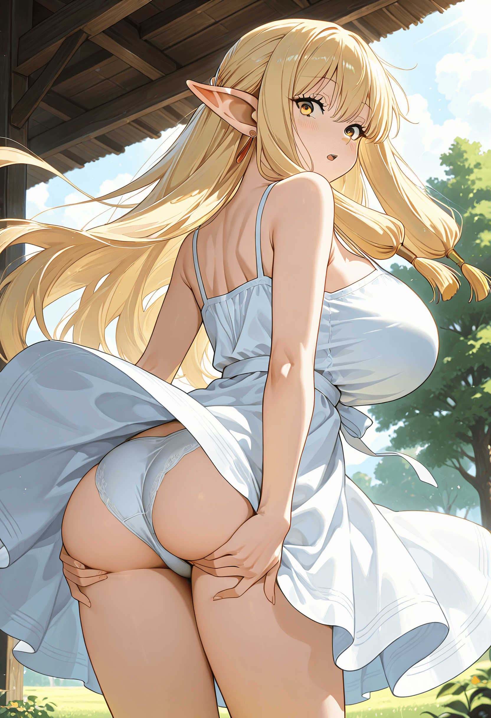 Serie from Frieren, wearing a summer dress casual outfit, bent over with surprised. Mid shot, From behind, Ass focus.