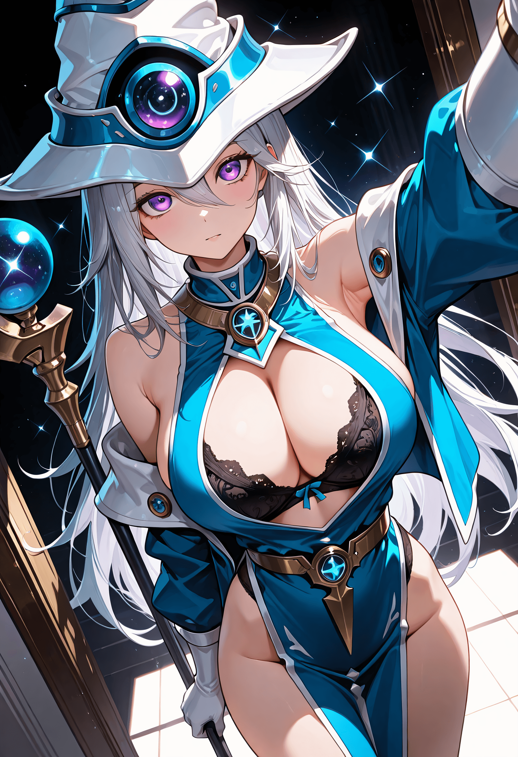 Silent Magician from Yu-Gi-Oh!, wearing her canonical outfit, selfie with natural. Mid shot, Dutch angle, Breast focus.