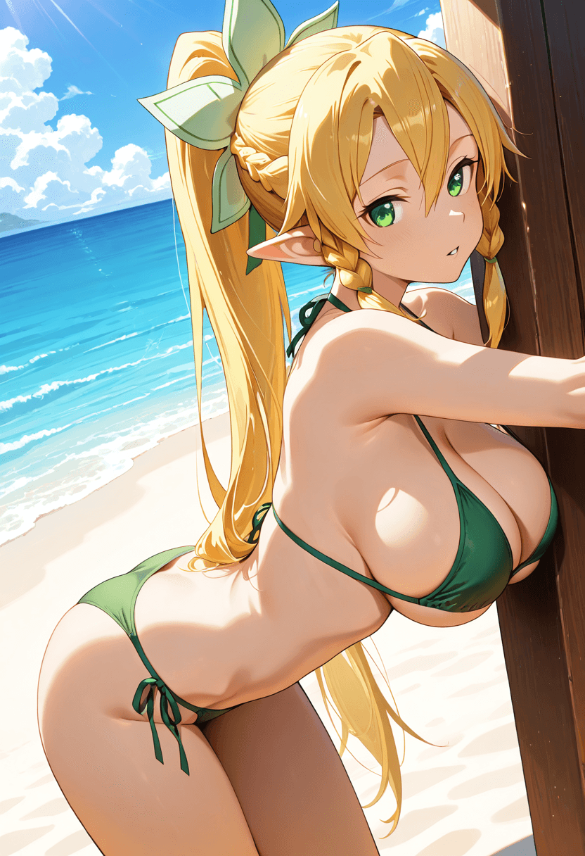 Suguha Kirigaya (Leafa) from Sword Art Online, wearing a string bikini swimwear outfit, bent over with seductive. Mid shot, Dutch angle, Breast focus.