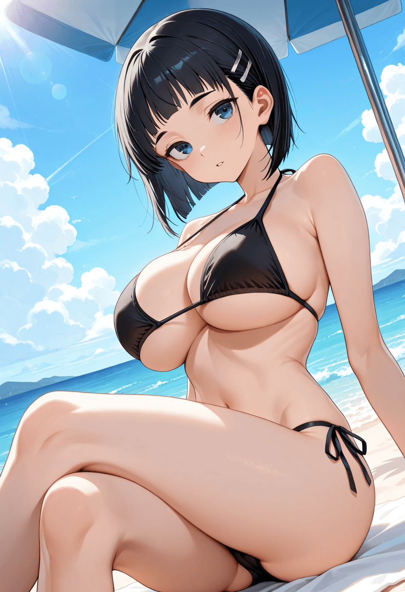 Suguha Kirigaya from Sword Art Online, wearing a string bikini swimwear outfit, sitting with seductive. Mid shot, Dutch angle, Breast focus.