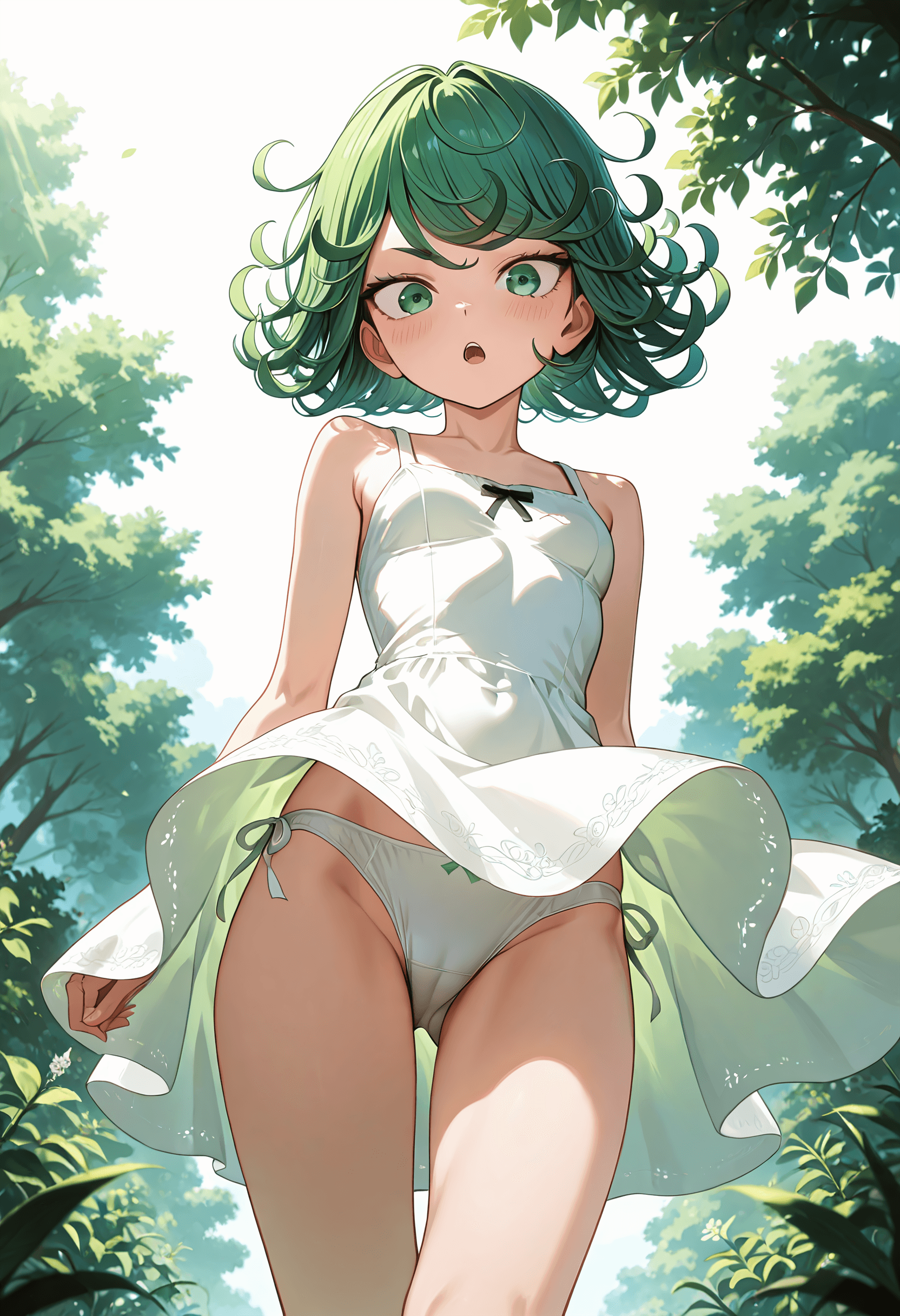 Tatsumaki from One Punch Man, wearing a summer dress casual outfit, walking with surprised. Mid shot, From below, Thighs focus.