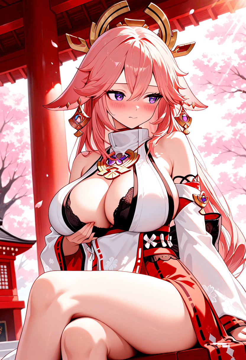 Yae Miko from Genshin Impact, wearing her canonical outfit, sitting with shy. Dutch angle, Breast focus.