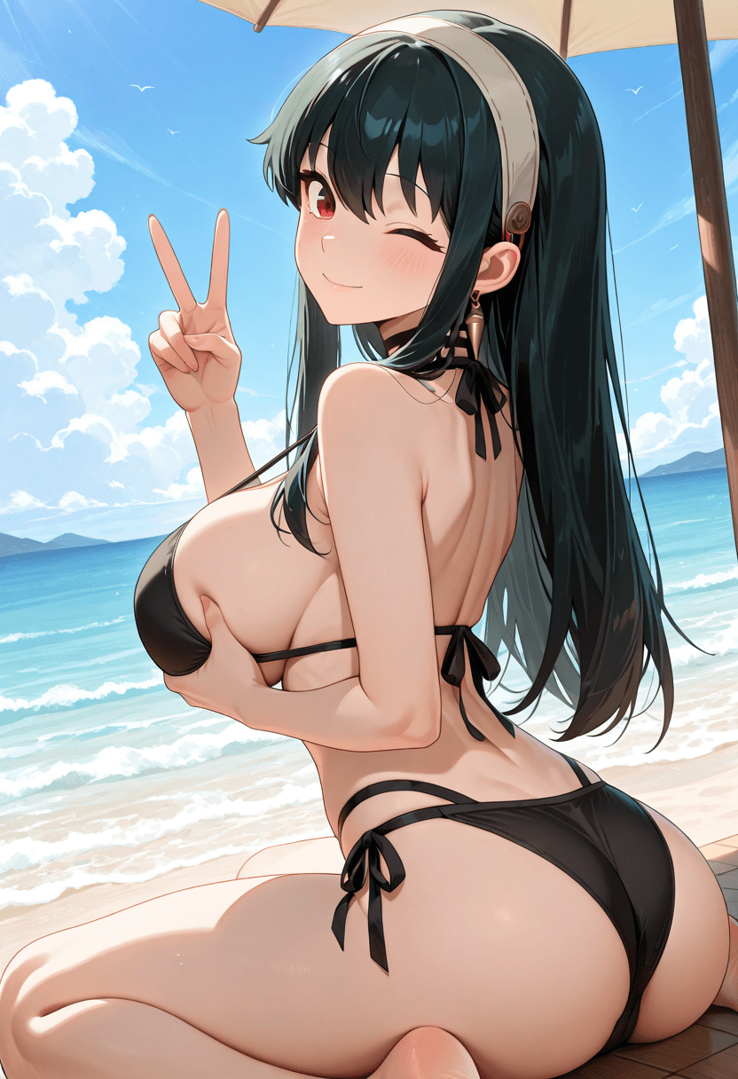 Yor Briar from Spy x Family, wearing a string bikini swimwear outfit, floor sit with playful. From behind, Ass focus.