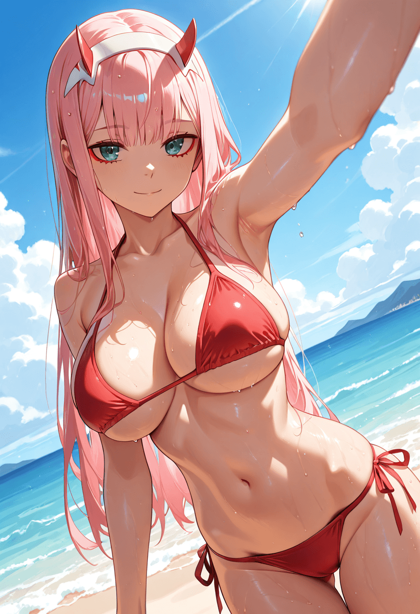 Zero Two from Darling in the Franxx, wearing a string bikini swimwear outfit, selfie with natural. Dutch angle, Breast focus.